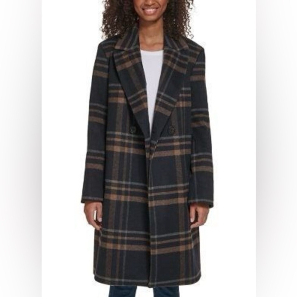DKNY Black and Brown Plaid Long Wool-Blend Coat